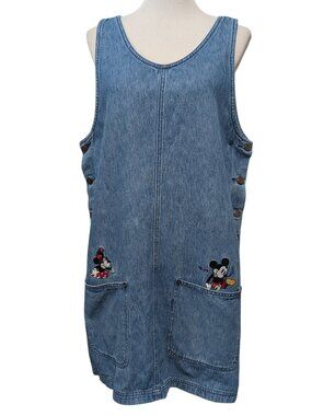 Vintage Mickey Inc Disney Womens Size L Mickey Minnie Pockets Denim Jumper Dress